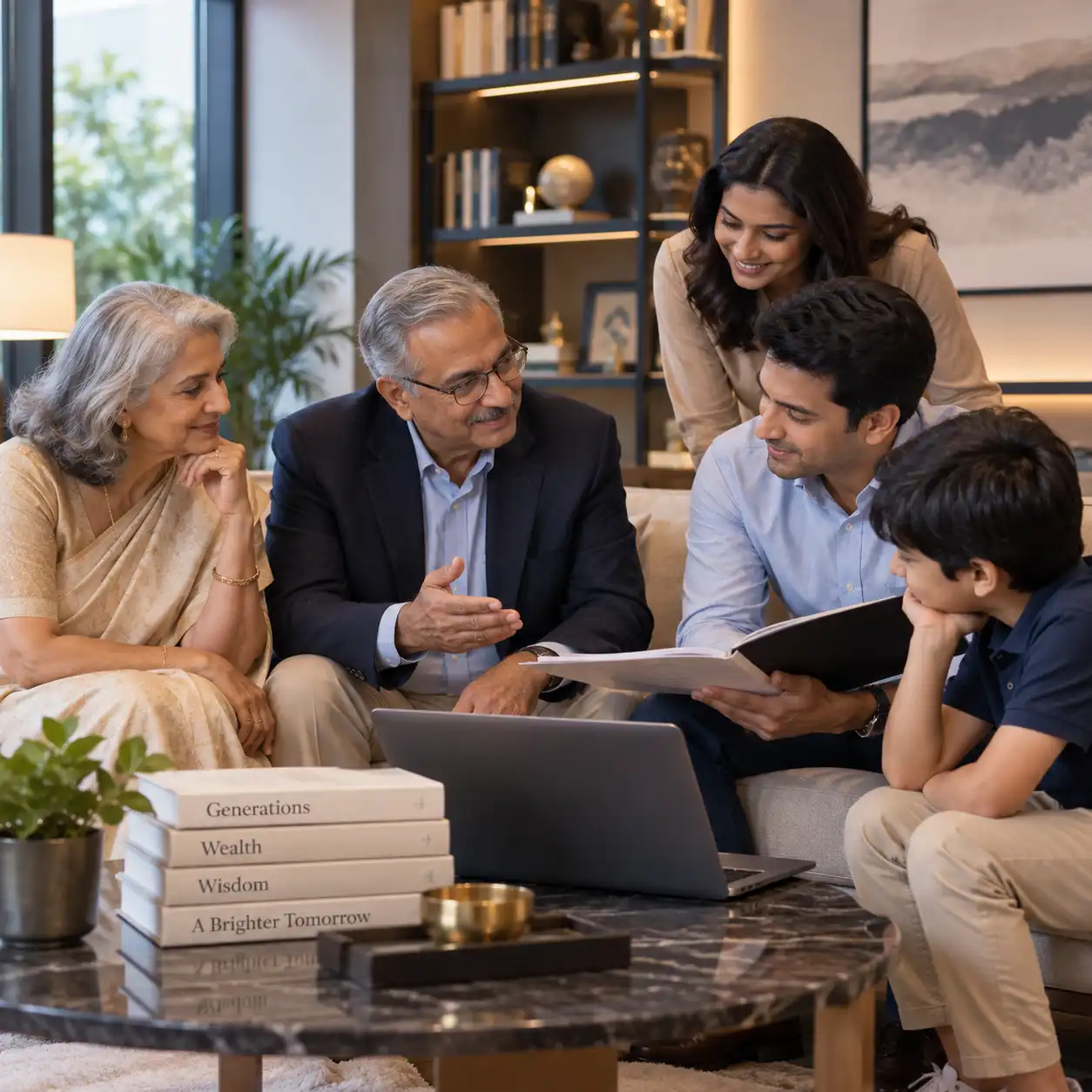 Three generations of a family talking together in their living room